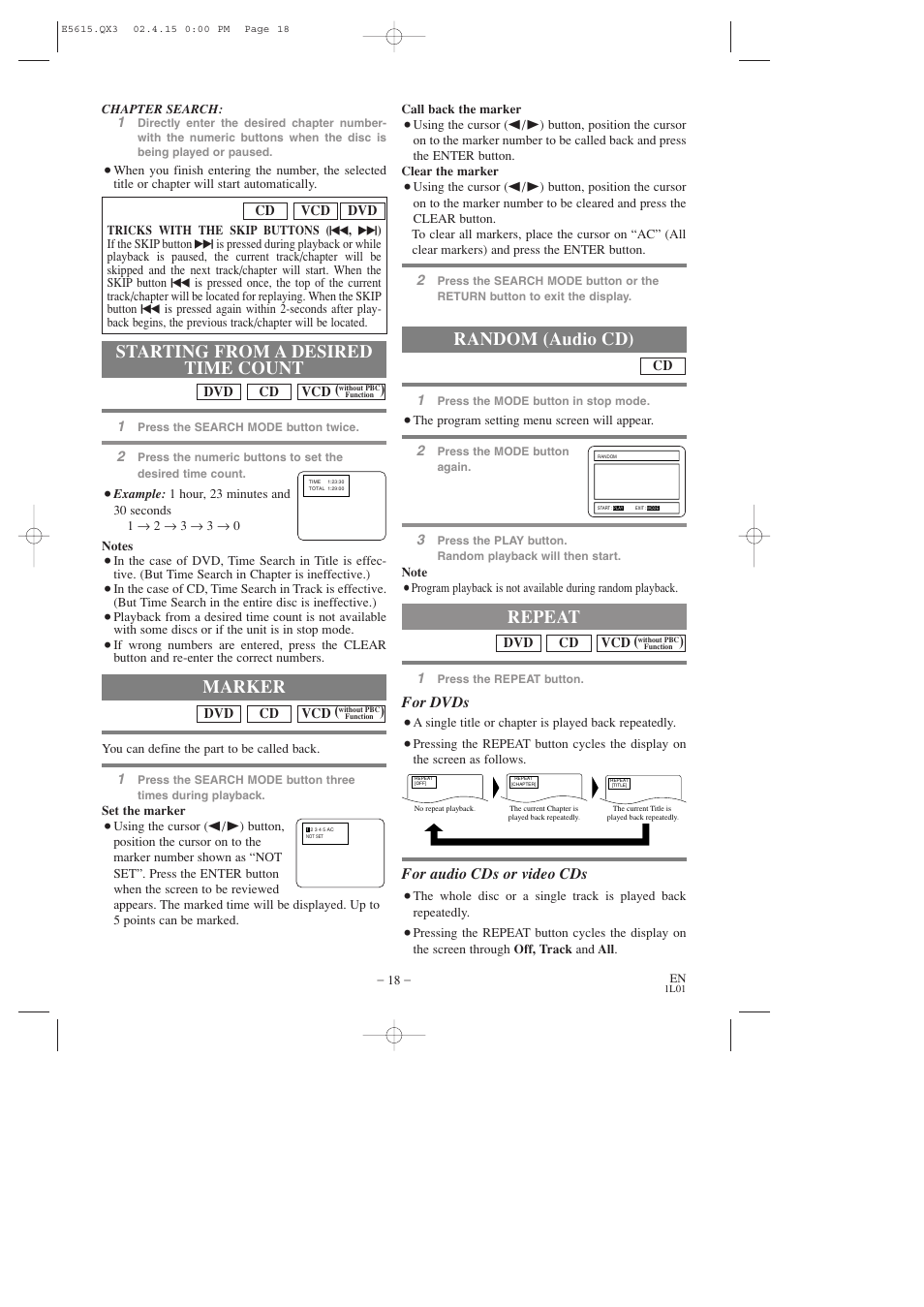 Starting from a desired time count, Marker, Random (audio cd) | Repeat, For dvds, For audio cds or video cds | Hitachi DVP725U User Manual | Page 18 / 104