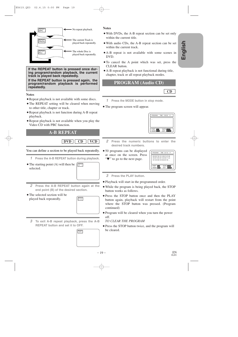 English, A-b repeat, Program (audio cd) | Vcd cd dvd | Hitachi DVP725U User Manual | Page 19 / 104