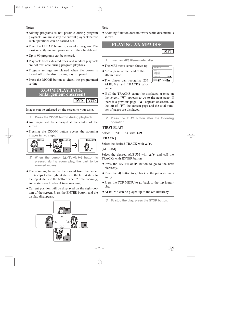 Zoom playback (enlargement onscreen), Playing an mp3 disc | Hitachi DVP725U User Manual | Page 20 / 104