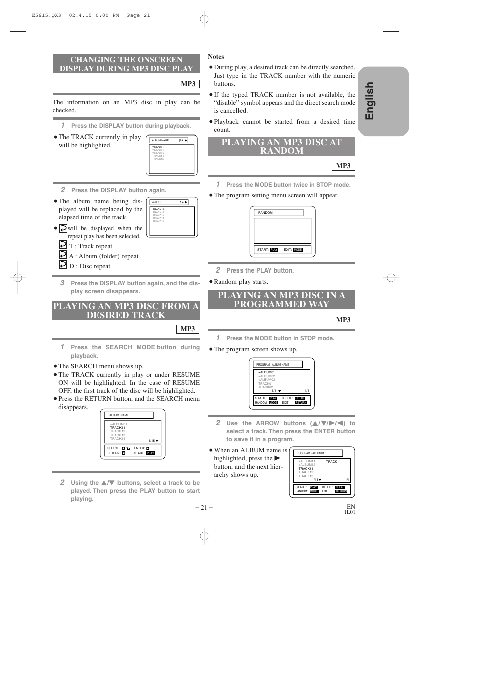 English, Playing an mp3 disc at random, Playing an mp3 disc from a desired track | Playing an mp3 disc in a programmed way, Changing the onscreen display during mp3 disc play | Hitachi DVP725U User Manual | Page 21 / 104