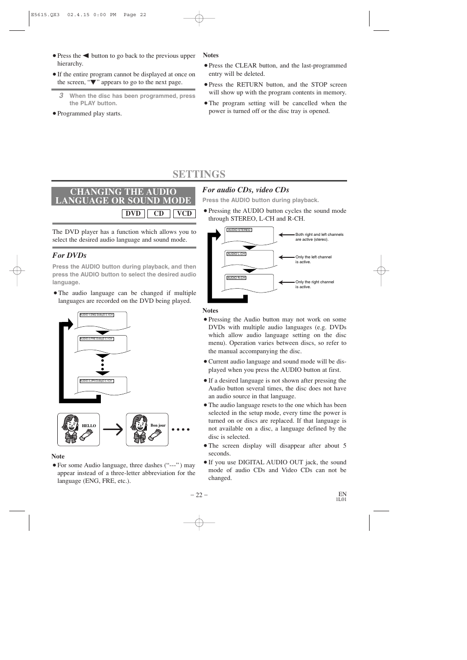 Settings, Changing the audio language or sound mode, For dvds | For audio cds, video cds | Hitachi DVP725U User Manual | Page 22 / 104