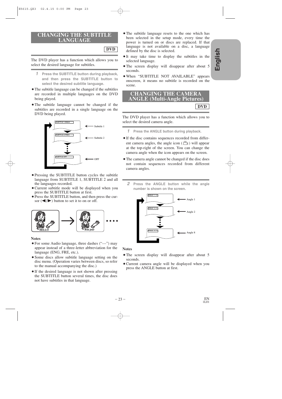 English, Changing the camera angle (multi-angle pictures), Changing the subtitle language | Hitachi DVP725U User Manual | Page 23 / 104