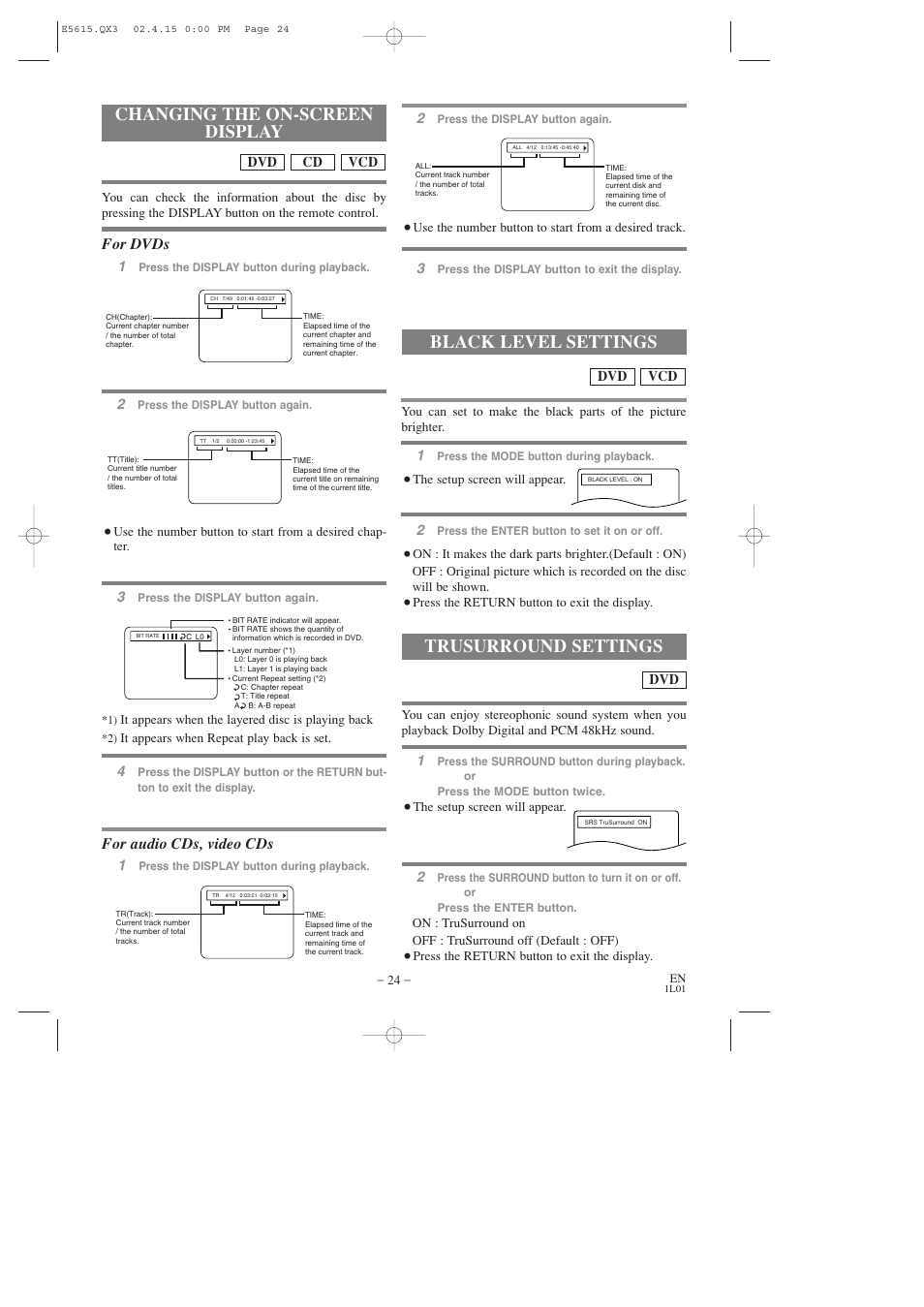 Changing the on-screen display, Black level settings, Trusurround settings | For dvds, For audio cds, video cds | Hitachi DVP725U User Manual | Page 24 / 104