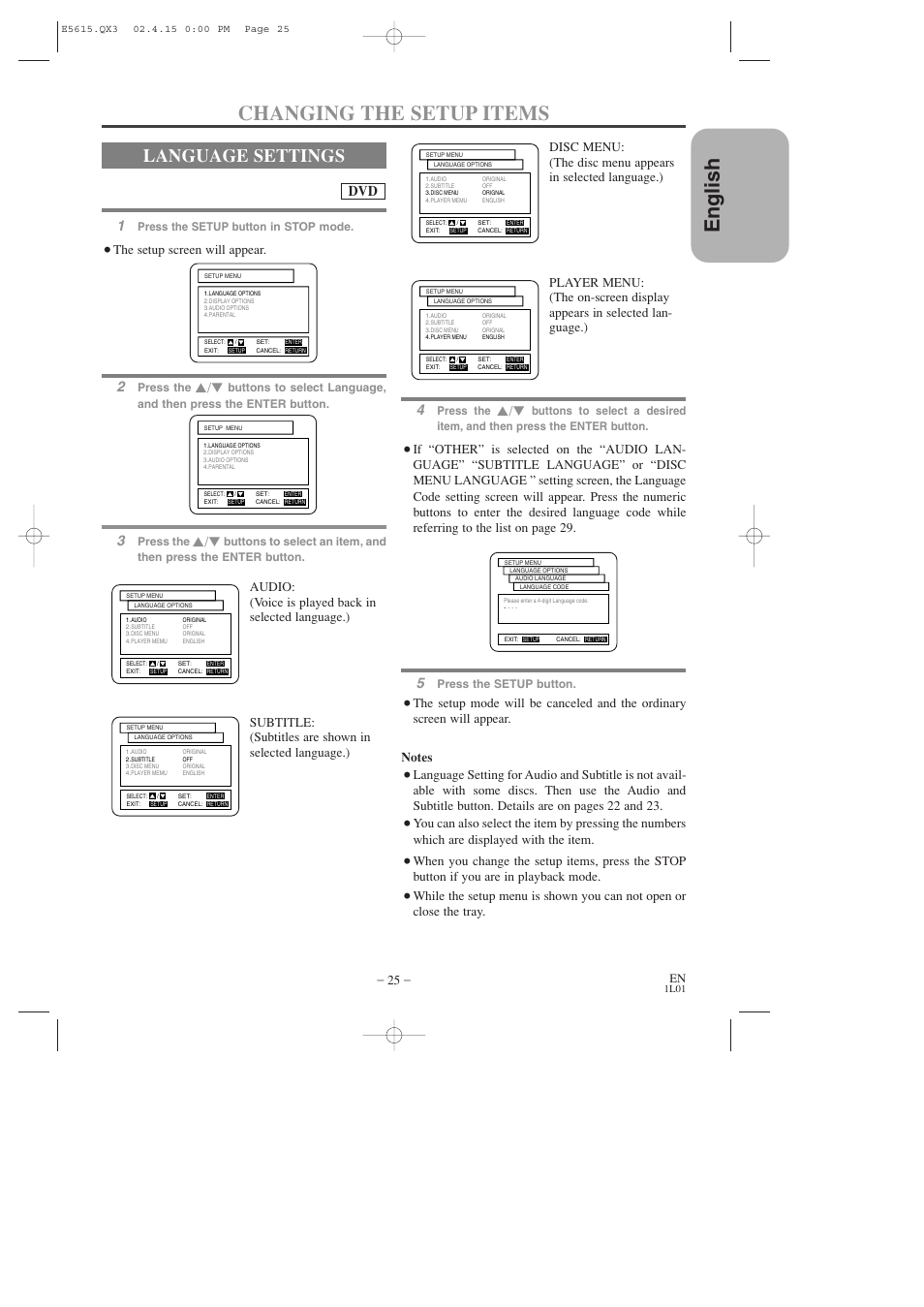 English, Changing the setup items, Language settings | The setup screen will appear, Press the setup button in stop mode, Press the, Press the setup button | Hitachi DVP725U User Manual | Page 25 / 104