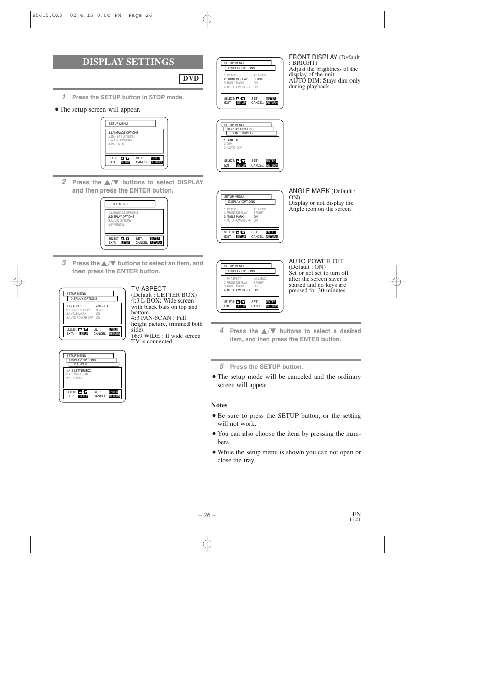 Display settings, The setup screen will appear, Press the setup button in stop mode | Press the, Press the setup button | Hitachi DVP725U User Manual | Page 26 / 104