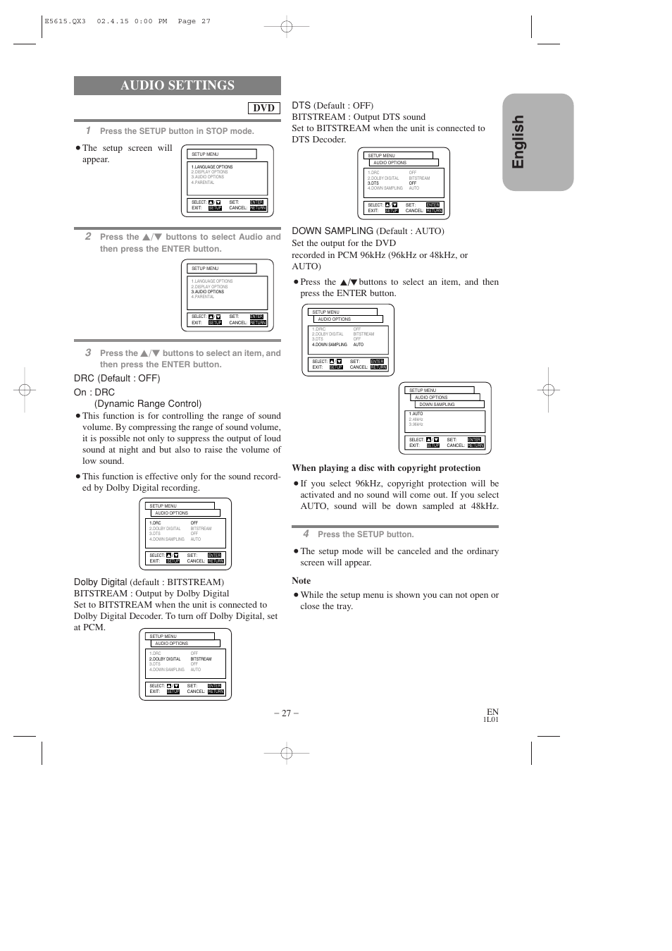 English, Audio settings, The setup screen will appear | Press the setup button, Press the setup button in stop mode, Press the | Hitachi DVP725U User Manual | Page 27 / 104