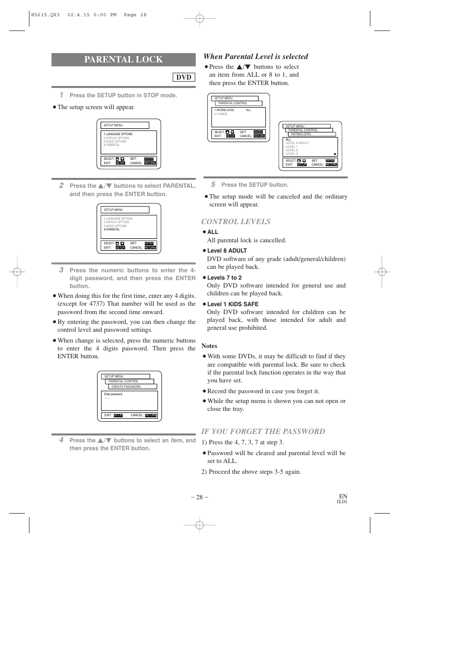 Parental lock, When parental level is selected, Control levels | If you forget the password | Hitachi DVP725U User Manual | Page 28 / 104