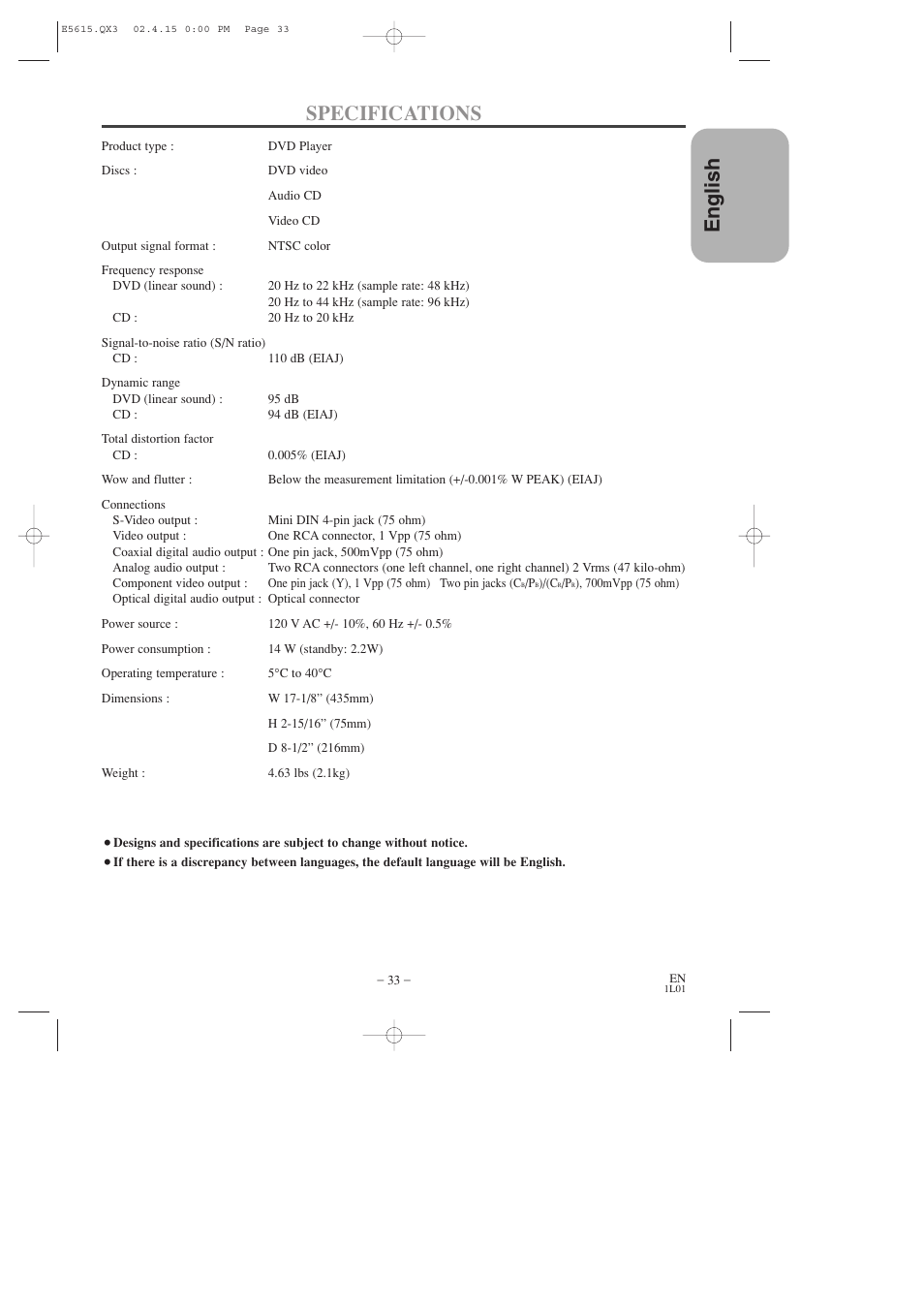 English specifications | Hitachi DVP725U User Manual | Page 33 / 104