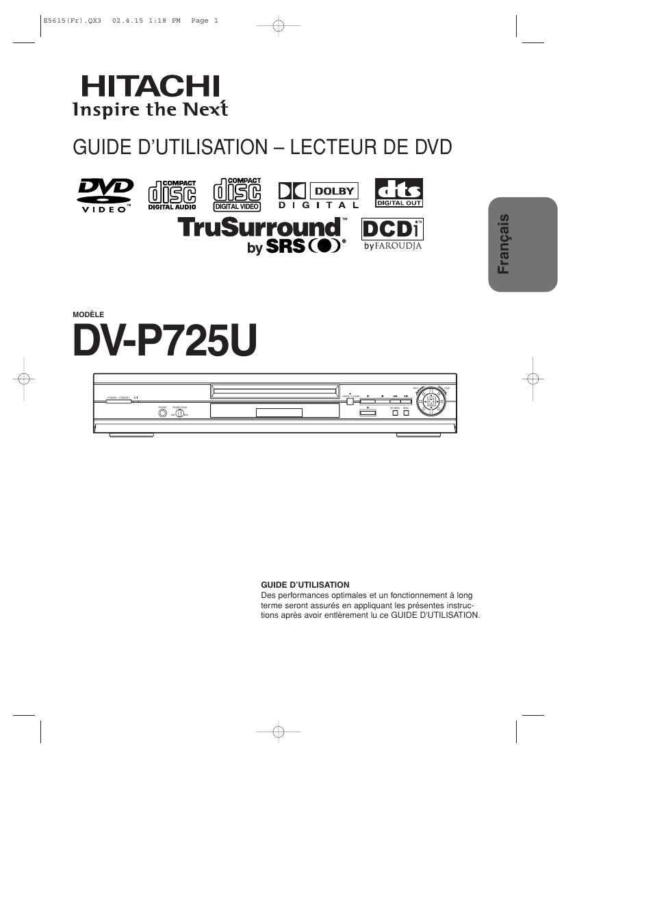 Dv-p725u, Guide d’utilisation – lecteur de dvd, Fran ç ais | Hitachi DVP725U User Manual | Page 35 / 104