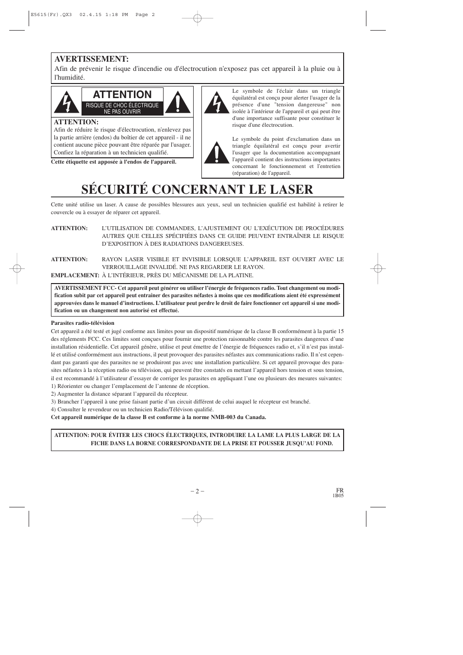 Sécurité concernant le laser, Attention, Avertissement | Hitachi DVP725U User Manual | Page 36 / 104