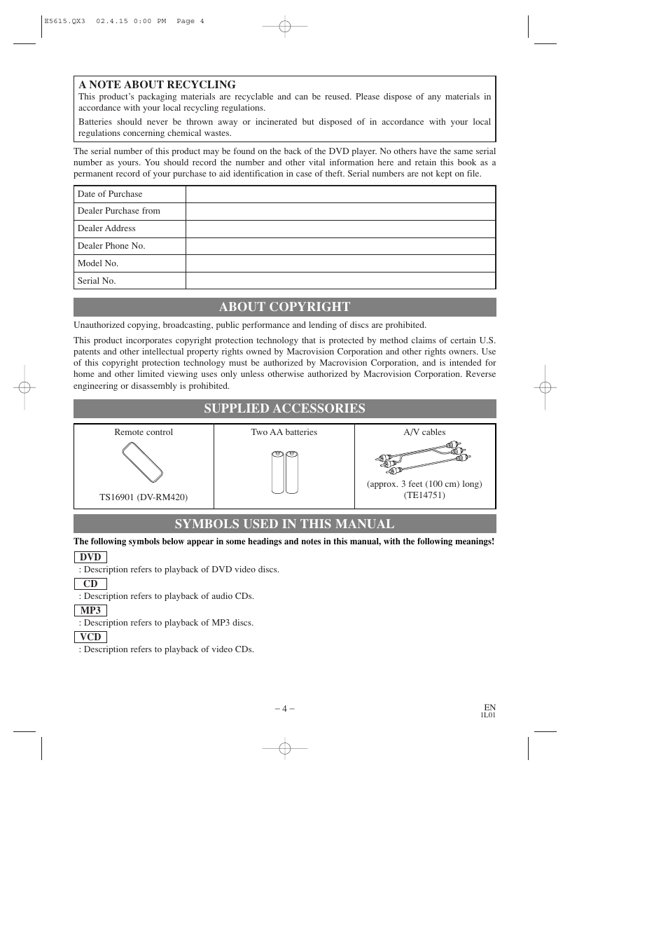 About copyright, Symbols used in this manual, Supplied accessories | Hitachi DVP725U User Manual | Page 4 / 104