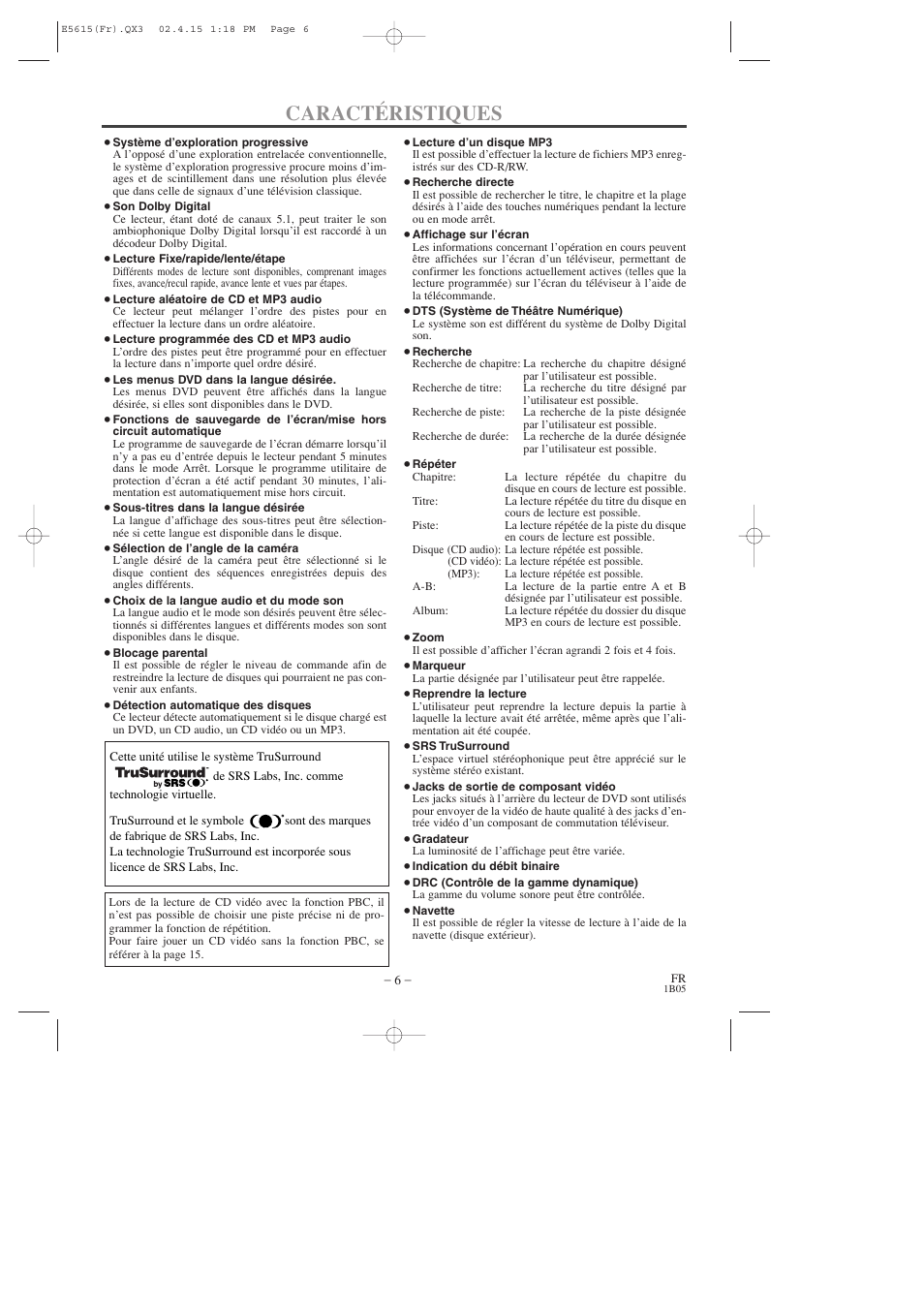 Caractéristiques | Hitachi DVP725U User Manual | Page 40 / 104