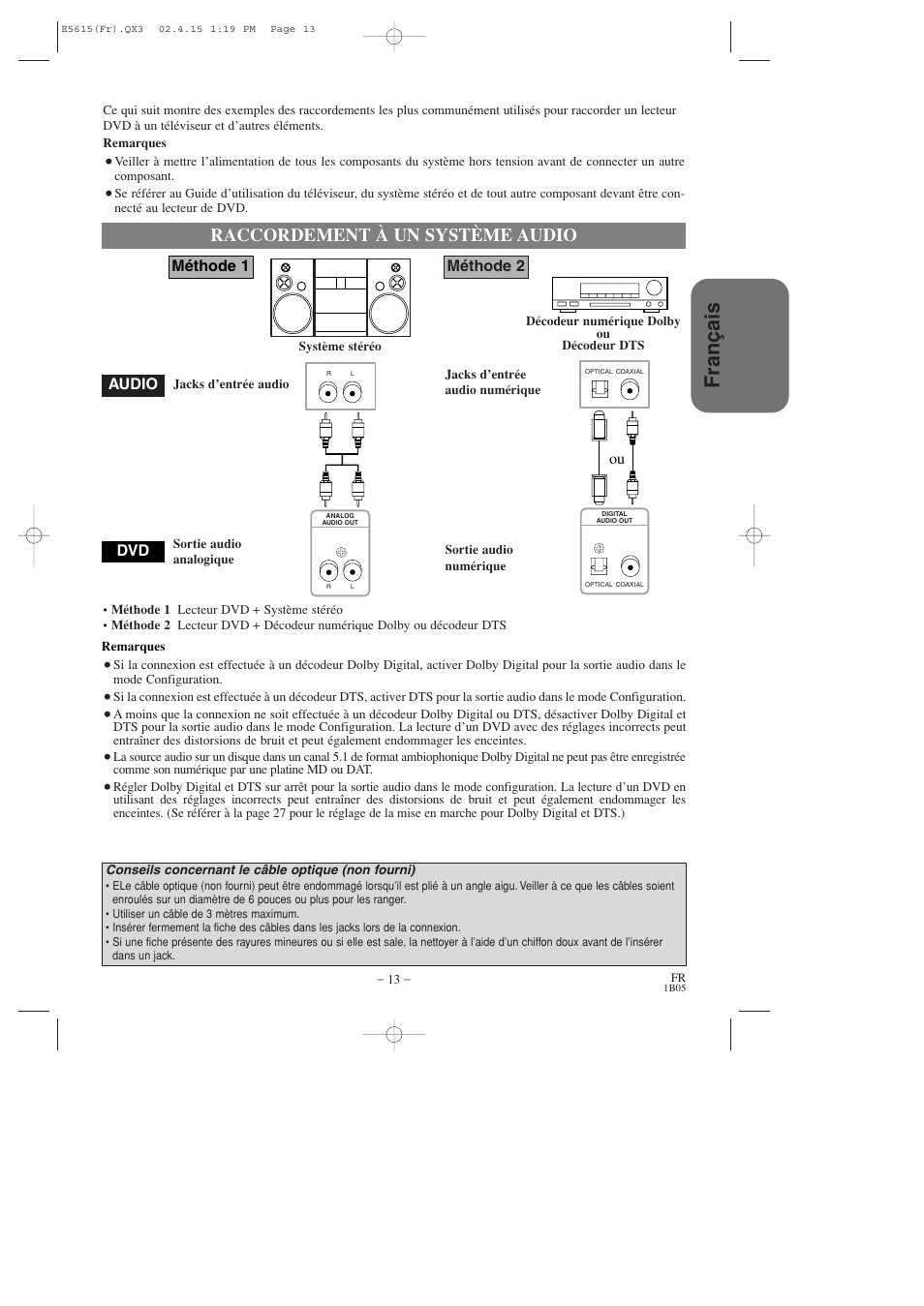 Fran ç ais, Raccordement à un système audio, Audio dvd méthode 1 | Méthode 2 | Hitachi DVP725U User Manual | Page 47 / 104