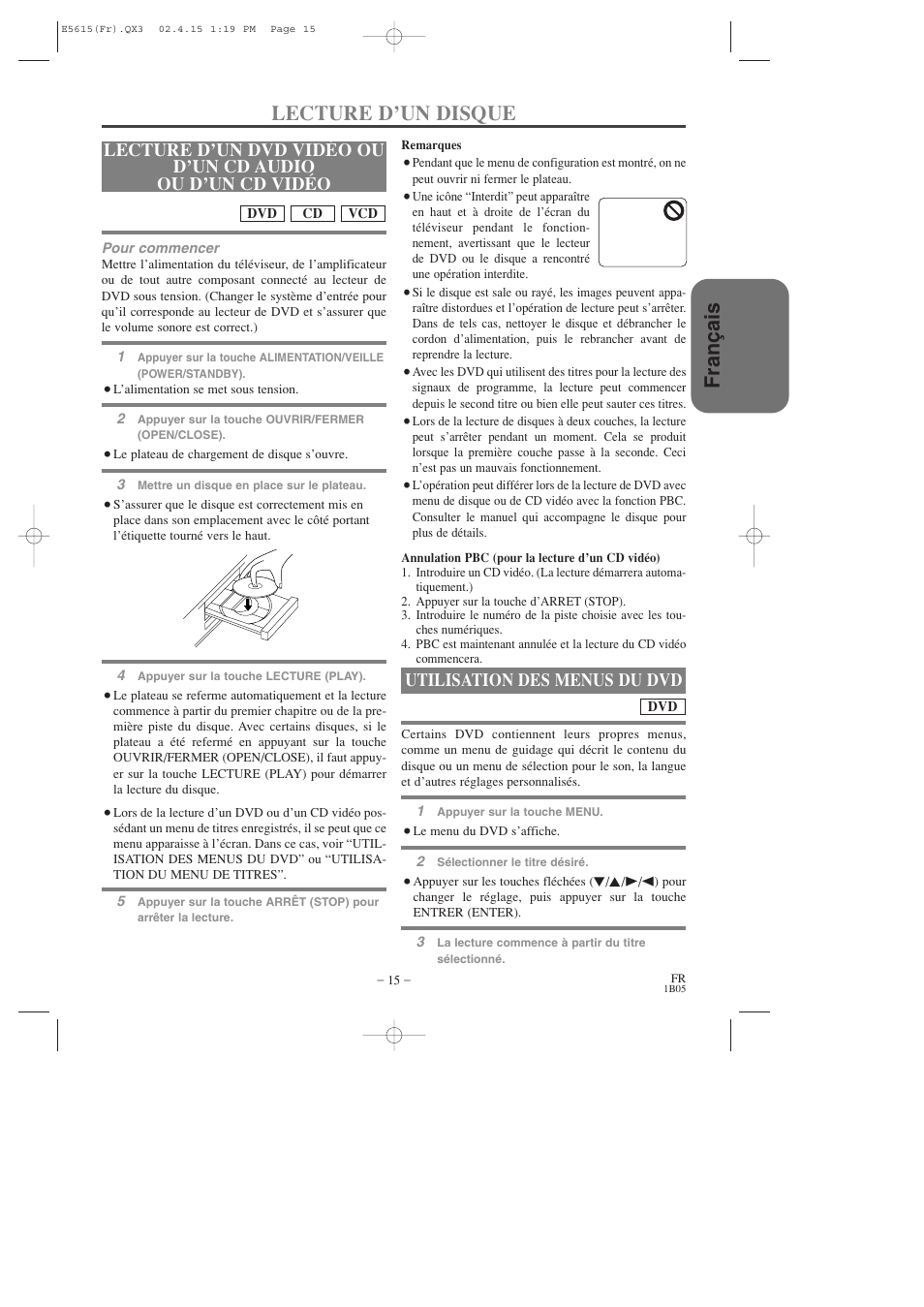 Fran ç ais, Lecture d’un disque, Utilisation des menus du dvd | Hitachi DVP725U User Manual | Page 49 / 104