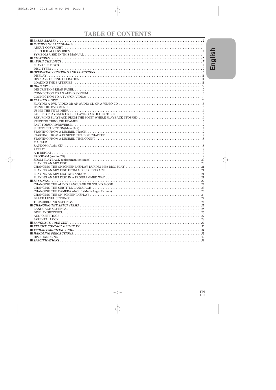 English table of contents, English | Hitachi DVP725U User Manual | Page 5 / 104