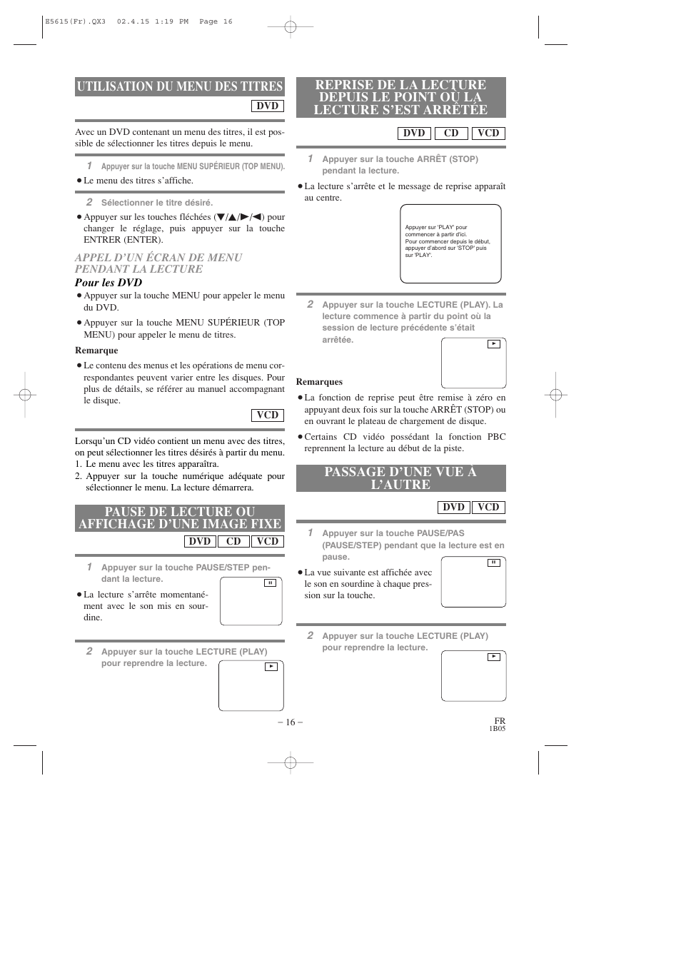 Utilisation du menu des titres, Pause de lecture ou affichage d’une image fixe, Passage d’une vue à l’autre | Hitachi DVP725U User Manual | Page 50 / 104