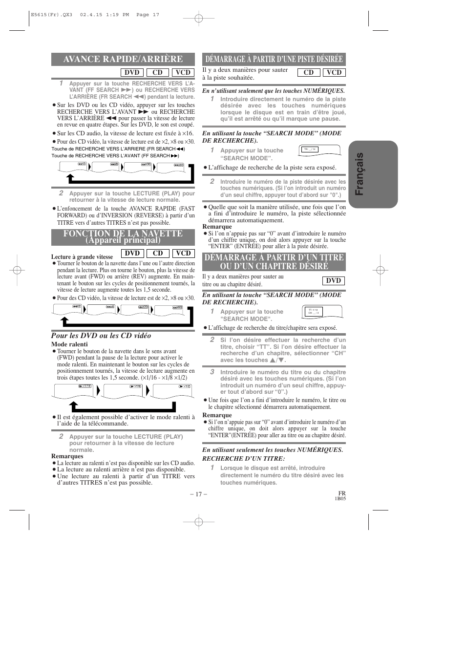 Fran ç ais, Avance rapide/arrière, Fonction de la navette (appareil principal) | Pour les dvd ou les cd vidéo | Hitachi DVP725U User Manual | Page 51 / 104