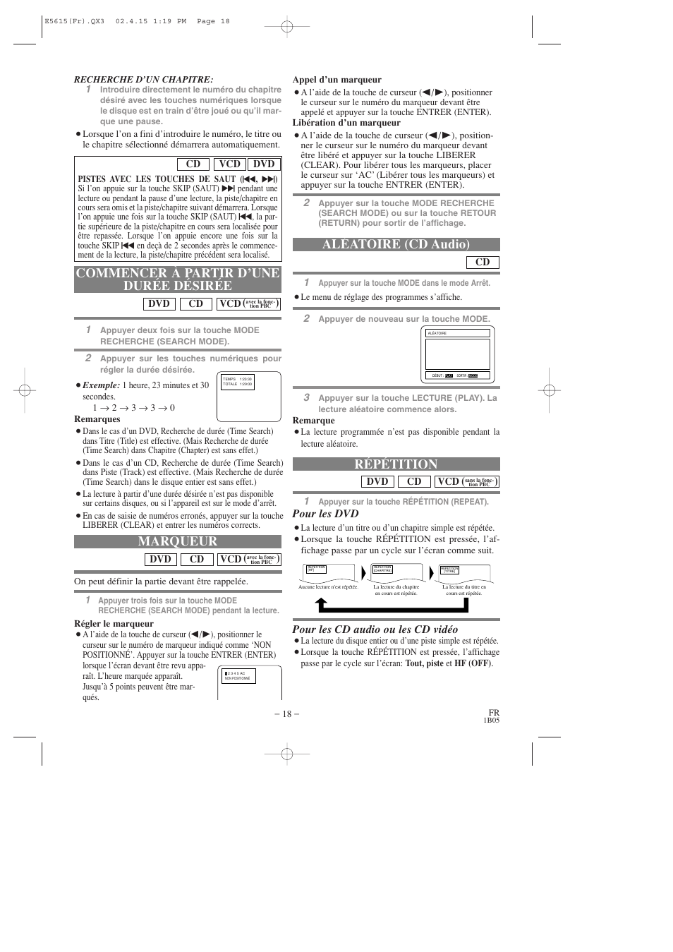 Commencer à partir d’une durée désirée, Marqueur, Aléatoire (cd audio) | Répétition, Pour les dvd, Pour les cd audio ou les cd vidéo | Hitachi DVP725U User Manual | Page 52 / 104