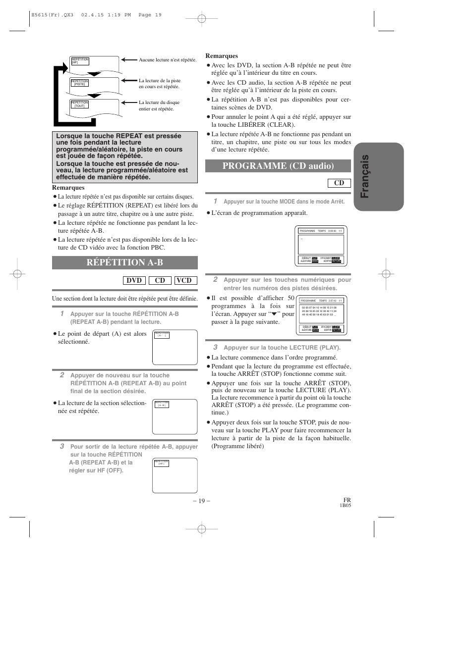 Fran ç ais, Répétition a-b, Programme (cd audio) | Vcd cd dvd | Hitachi DVP725U User Manual | Page 53 / 104