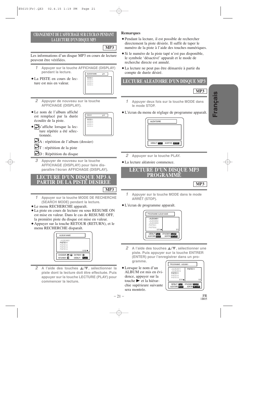 Fran ç ais, Lecture aleatoire d’un disque mp3 | Hitachi DVP725U User Manual | Page 55 / 104