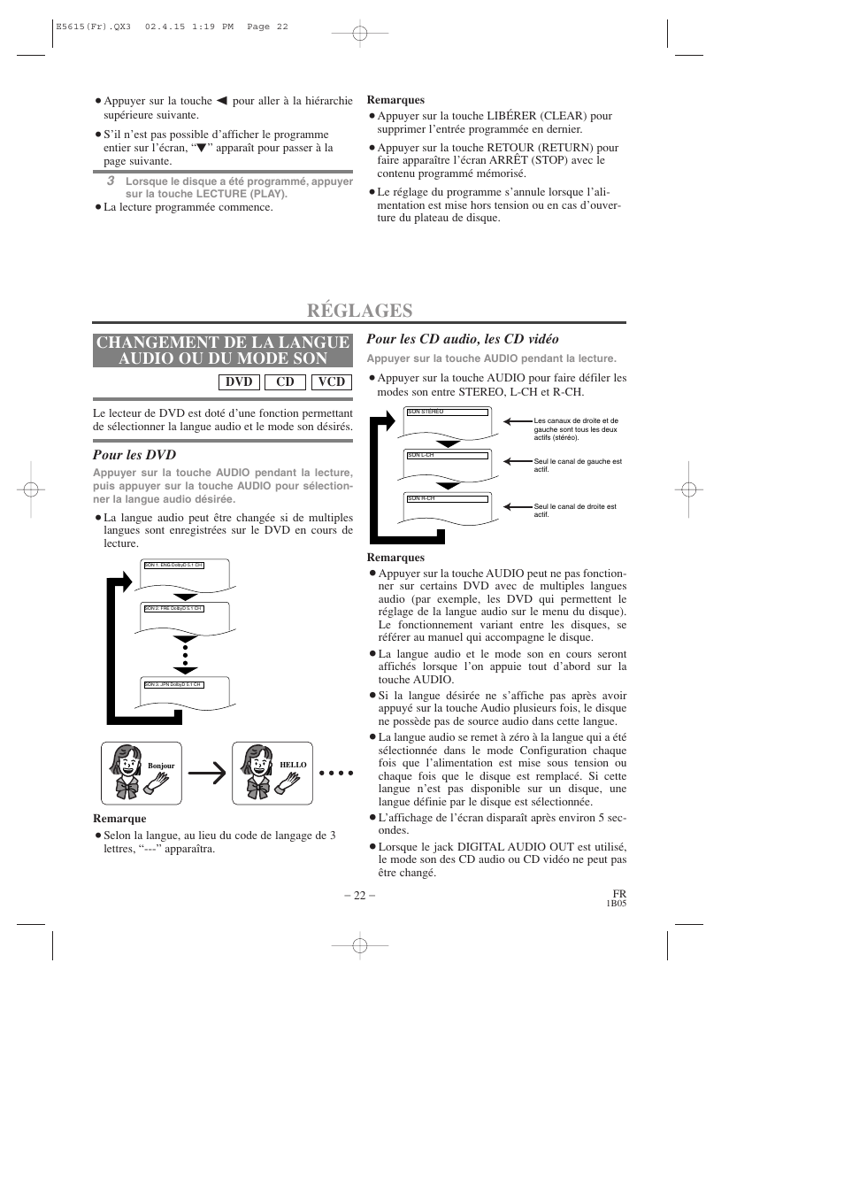 Réglages, Changement de la langue audio ou du mode son, Pour les dvd | Pour les cd audio, les cd vidéo | Hitachi DVP725U User Manual | Page 56 / 104