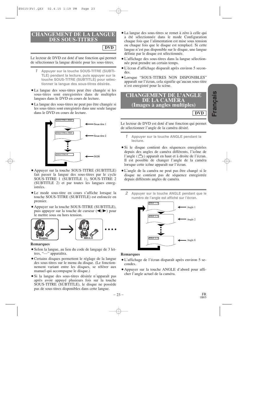 Fran ç ais, Changement de la langue des sous-titres | Hitachi DVP725U User Manual | Page 57 / 104