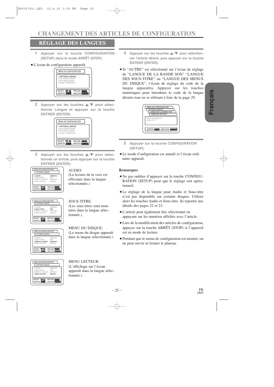 Fran ç ais, Changement des articles de configuration, Réglage des langues | L’écran de configuration apparaît, Appuyer sur les touches, Appuyer sur la touche configuration (setup) | Hitachi DVP725U User Manual | Page 59 / 104