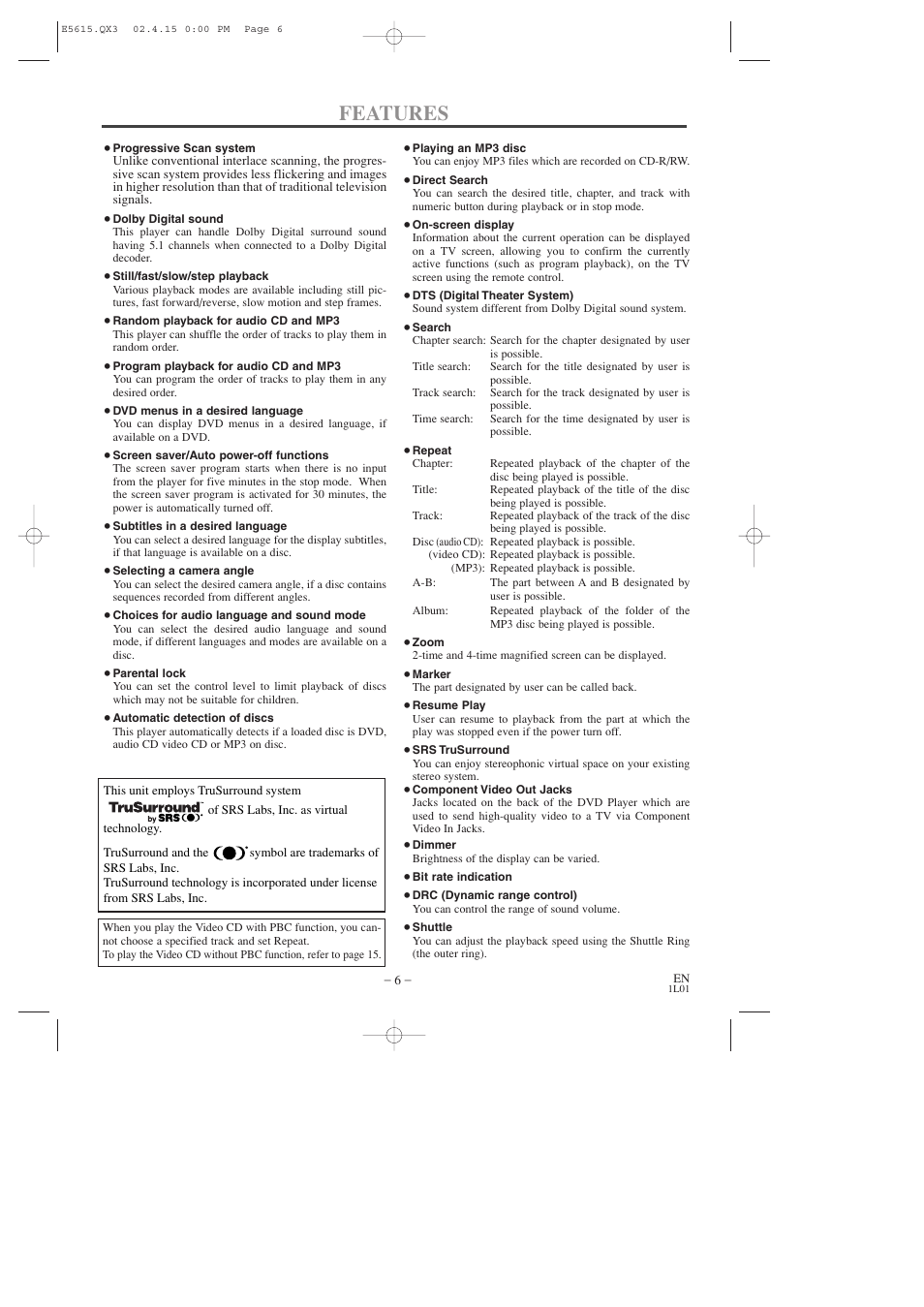 Features | Hitachi DVP725U User Manual | Page 6 / 104