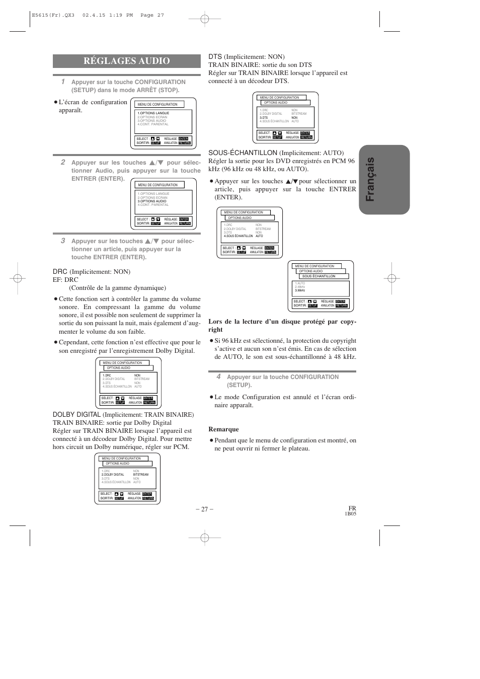 Fran ç ais, Réglages audio, L’écran de configuration apparaît | Appuyer sur la touche configuration (setup), Appuyer sur les touches | Hitachi DVP725U User Manual | Page 61 / 104