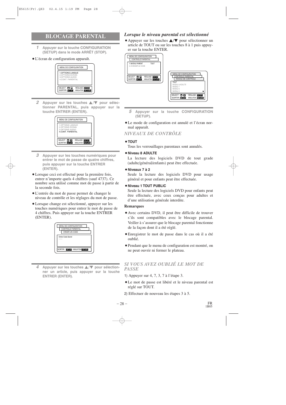 Blocage parental, Lorsque le niveau parental est sélectionné, Niveaux de contrôle | Si vous avez oublié le mot de passe | Hitachi DVP725U User Manual | Page 62 / 104