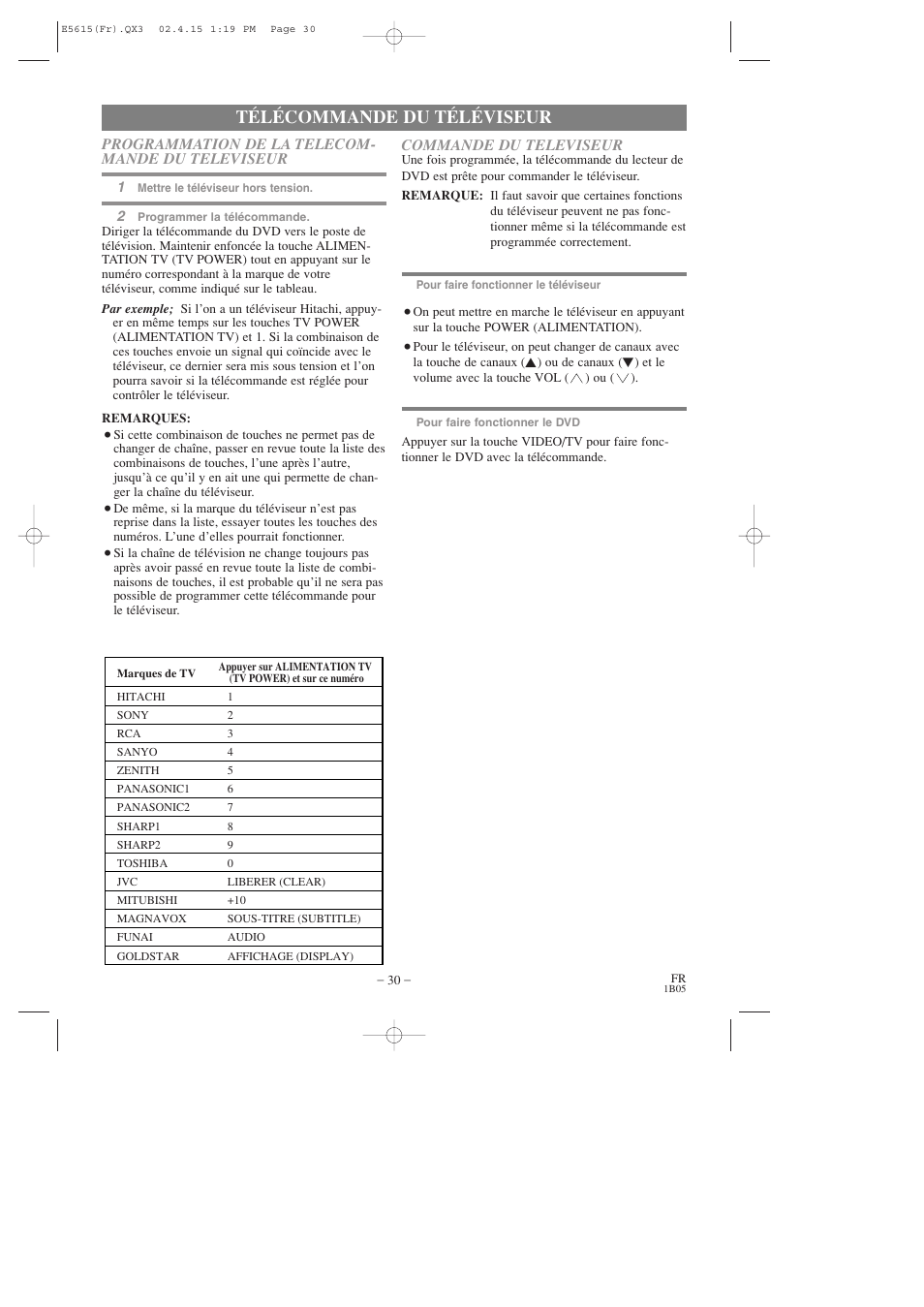 Télécommande du téléviseur | Hitachi DVP725U User Manual | Page 64 / 104