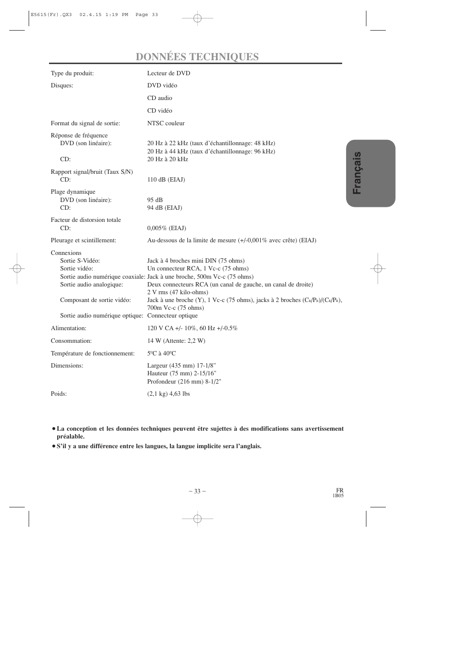 Fran ç ais données techniques, Fran ç ais | Hitachi DVP725U User Manual | Page 67 / 104