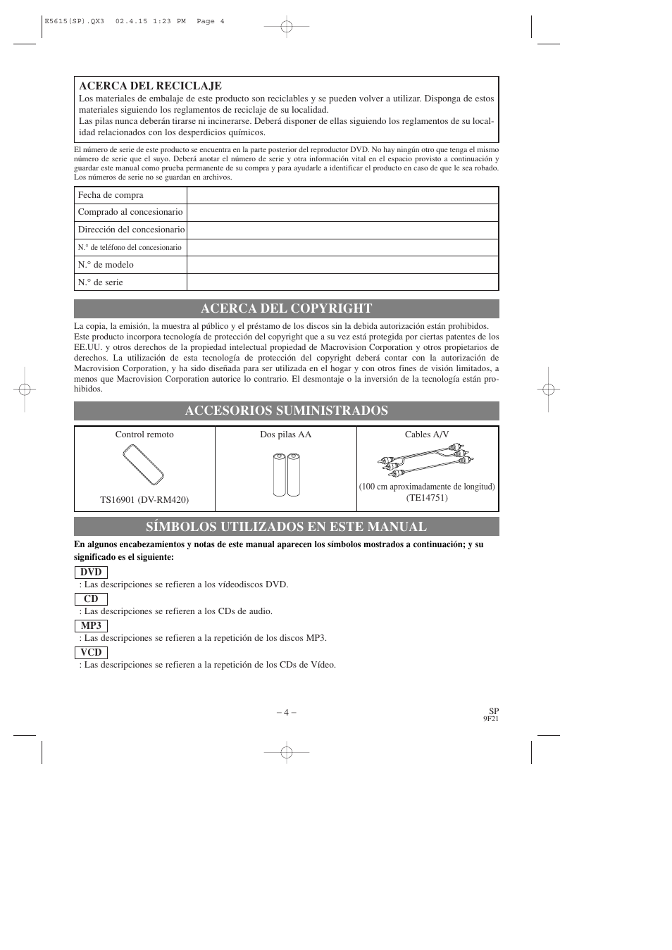 Acerca del copyright, Símbolos utilizados en este manual, Accesorios suministrados | Hitachi DVP725U User Manual | Page 72 / 104