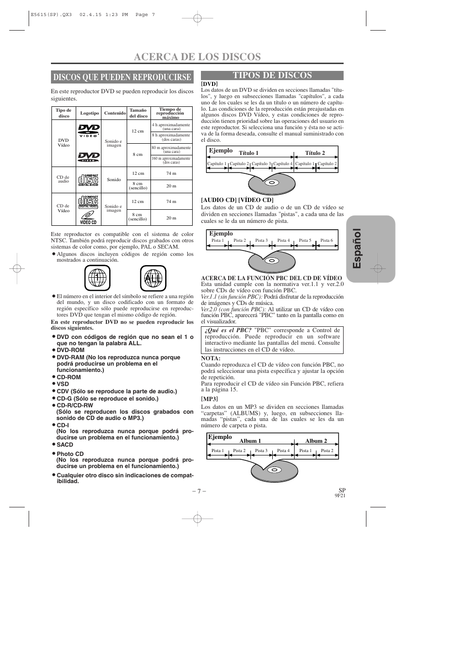 Espa ñ ol acerca de los discos, Discos que pueden reproducirse, Tipos de discos | Hitachi DVP725U User Manual | Page 75 / 104