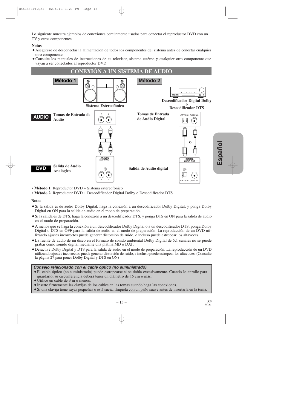 Espa ñ ol, Conexión a un sistema de audio, Oaudio dvd método 1 | Método 2 | Hitachi DVP725U User Manual | Page 81 / 104