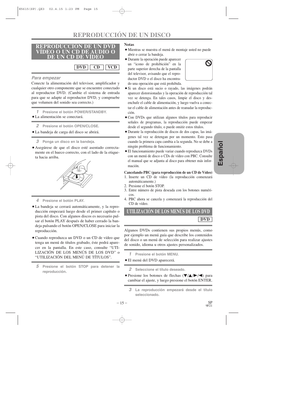 Espa ñ ol, Reproducción de un disco, Utilización de los menús de los dvd | Hitachi DVP725U User Manual | Page 83 / 104