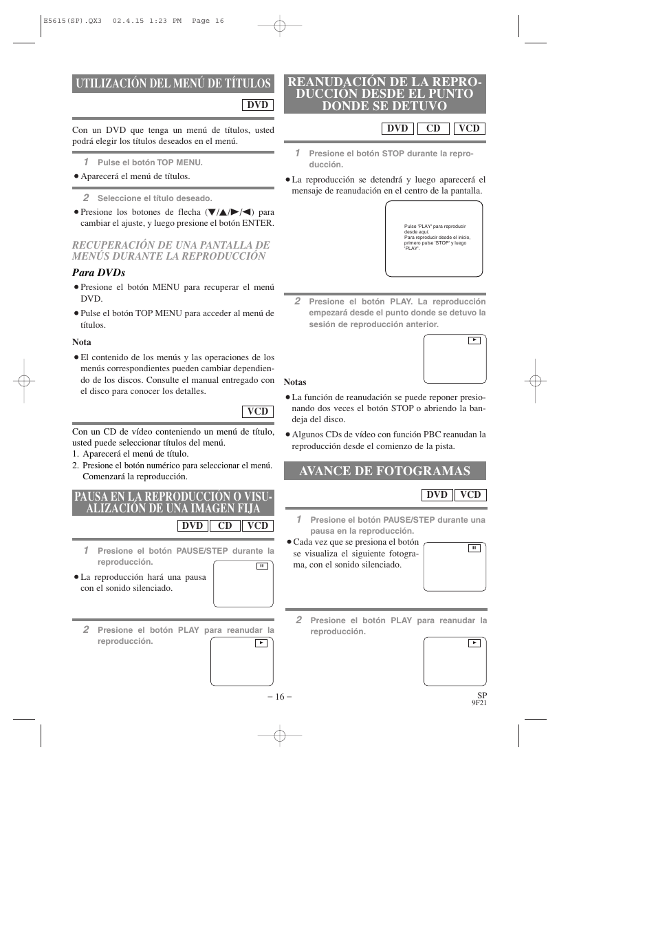 Utilización del menú de títulos, Avance de fotogramas | Hitachi DVP725U User Manual | Page 84 / 104