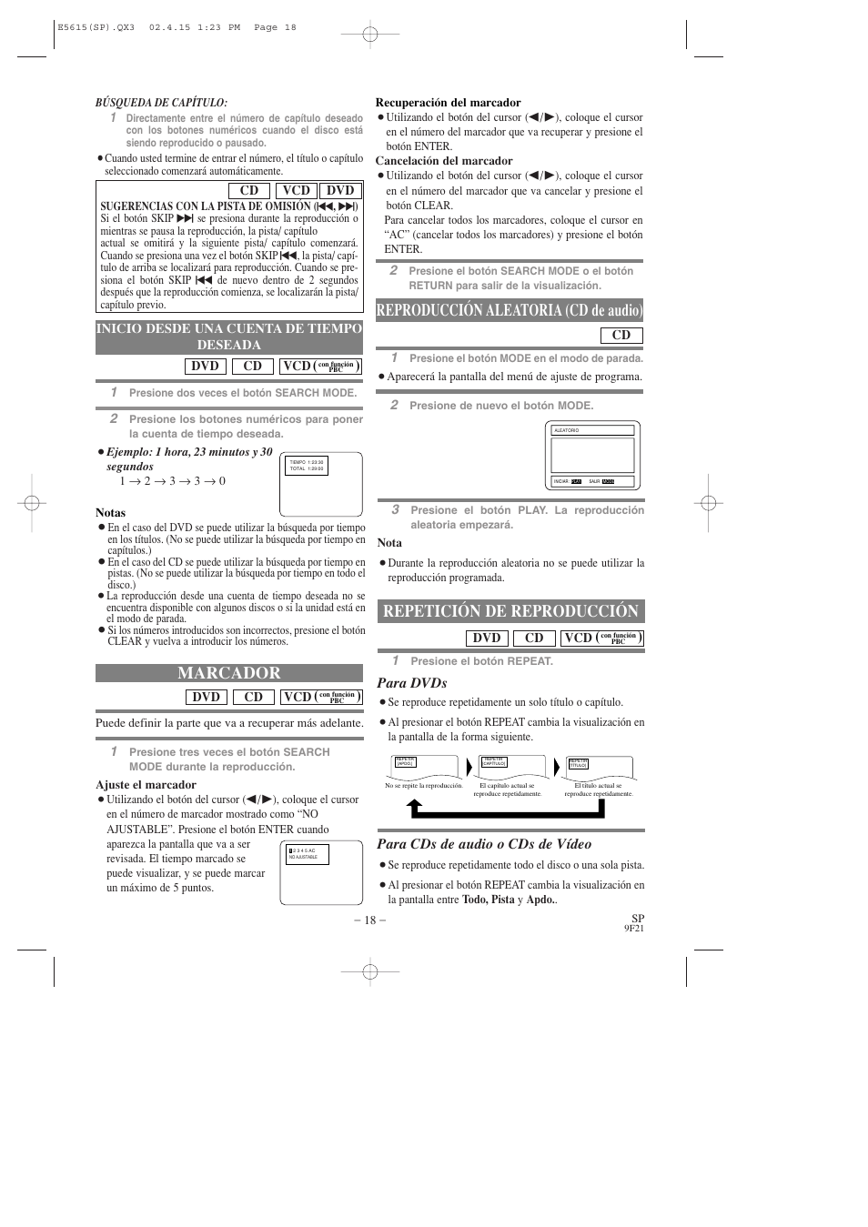 Marcador, Reproducción aleatoria (cd de audio), Repetición de reproducción | Para dvds, Para cds de audio o cds de vídeo | Hitachi DVP725U User Manual | Page 86 / 104