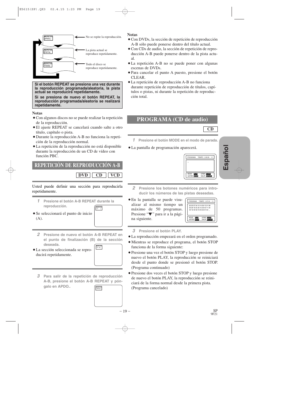 Espa ñ ol, Repetición de reproducción a-b, Programa (cd de audio) | Hitachi DVP725U User Manual | Page 87 / 104