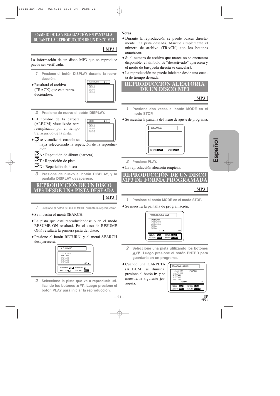 Espa ñ ol, Reproducción aleatoria de un disco mp3, Reproducción de un disco mp3 de forma programada | Hitachi DVP725U User Manual | Page 89 / 104