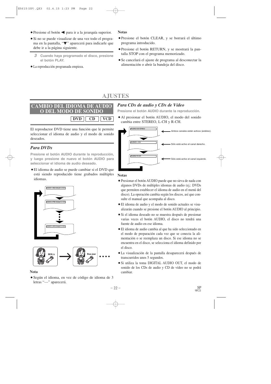 Ajustes, Cambio del idioma de audio o del modo de sonido, Para dvds | Para cds de audio y cds de vídeo | Hitachi DVP725U User Manual | Page 90 / 104