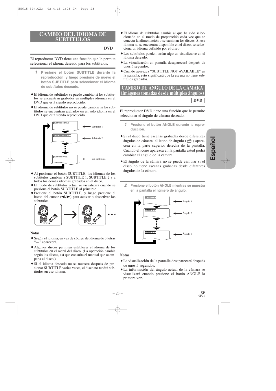 Espa ñ ol, Cambio del idioma de subtítulos | Hitachi DVP725U User Manual | Page 91 / 104