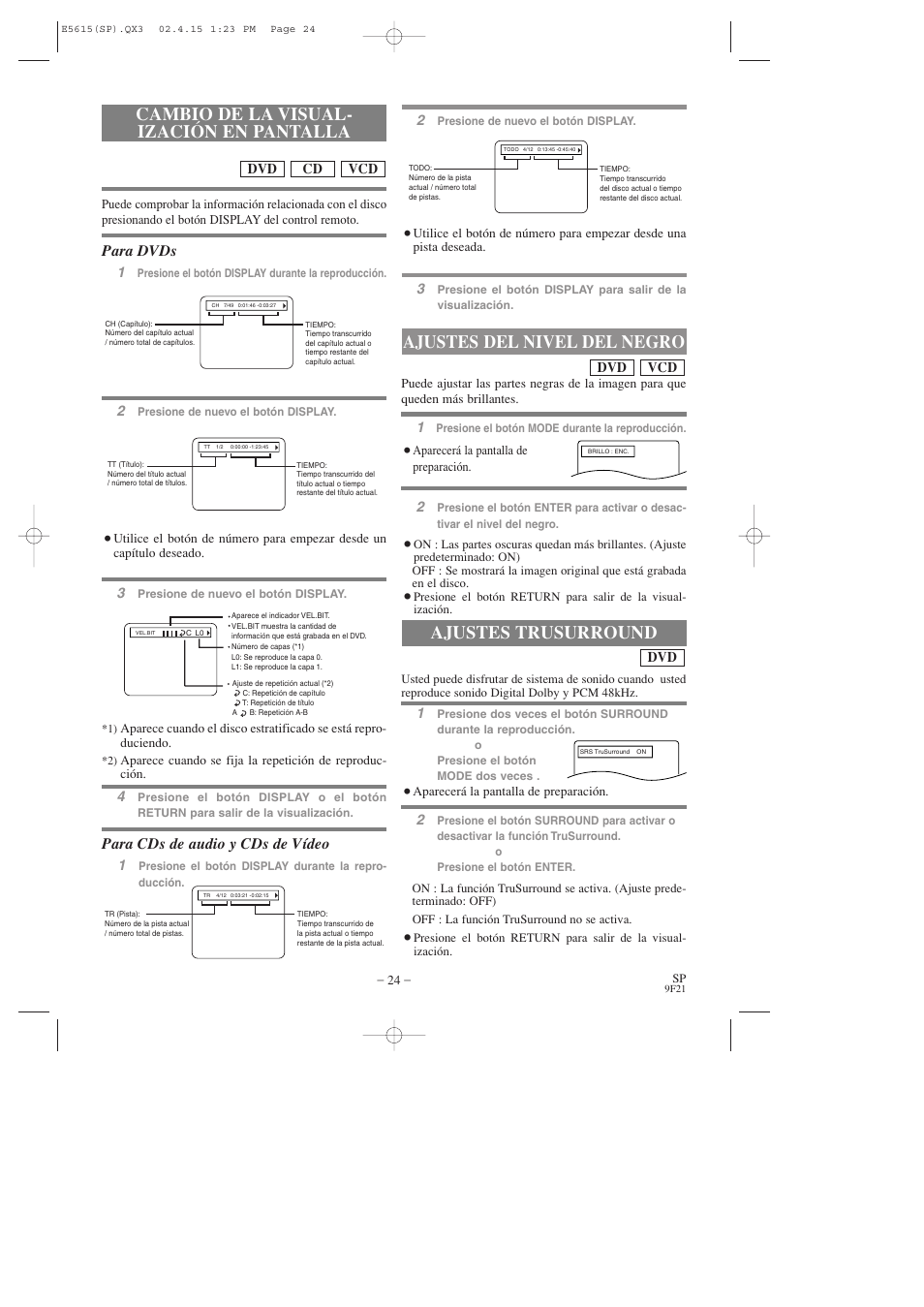 Cambio de la visual- ización en pantalla, Ajustes del nivel del negro, Ajustes trusurround | Para dvds, Para cds de audio y cds de vídeo | Hitachi DVP725U User Manual | Page 92 / 104