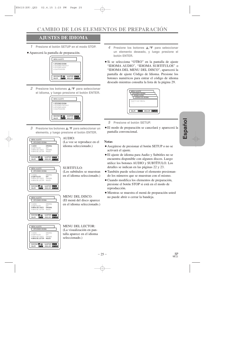 Espa ñ ol, Cambio de los elementos de preparación, Ajustes de idioma | Aparecerá la pantalla de preparación | Hitachi DVP725U User Manual | Page 93 / 104