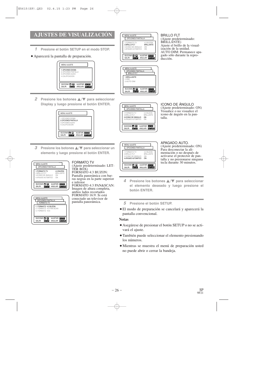 Ajustes de visualización, Aparecerá la pantalla de preparación, Presione los botones | Presione el botón setup, Presione el botón setup en el modo stop | Hitachi DVP725U User Manual | Page 94 / 104