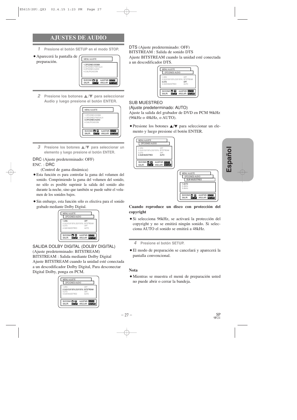 Espa ñ ol, Ajustes de audio, Aparecerá la pantalla de preparación | Presione el botón setup en el modo stop, Presione los botones, Presione el botón setup | Hitachi DVP725U User Manual | Page 95 / 104