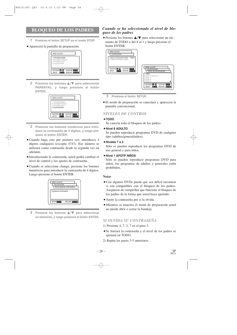 Bloqueo de los padres, Niveles de control, Si olvida su contraseña | Hitachi DVP725U User Manual | Page 96 / 104