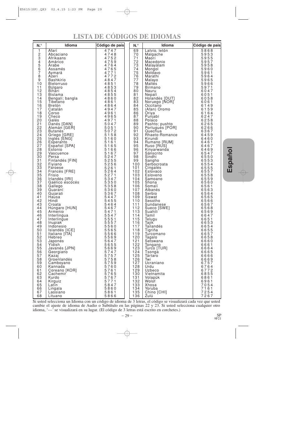 Espa ñ ol lista de códigos de idiomas | Hitachi DVP725U User Manual | Page 97 / 104