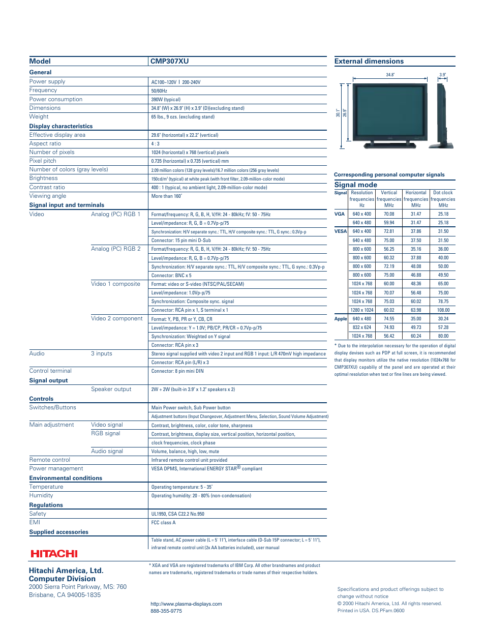 Inch high definition plasma display, Hitachi america, ltd. computer division, Model cmp307xu | Signal mode, External dimensions | Hitachi CMP307XU User Manual | Page 2 / 32