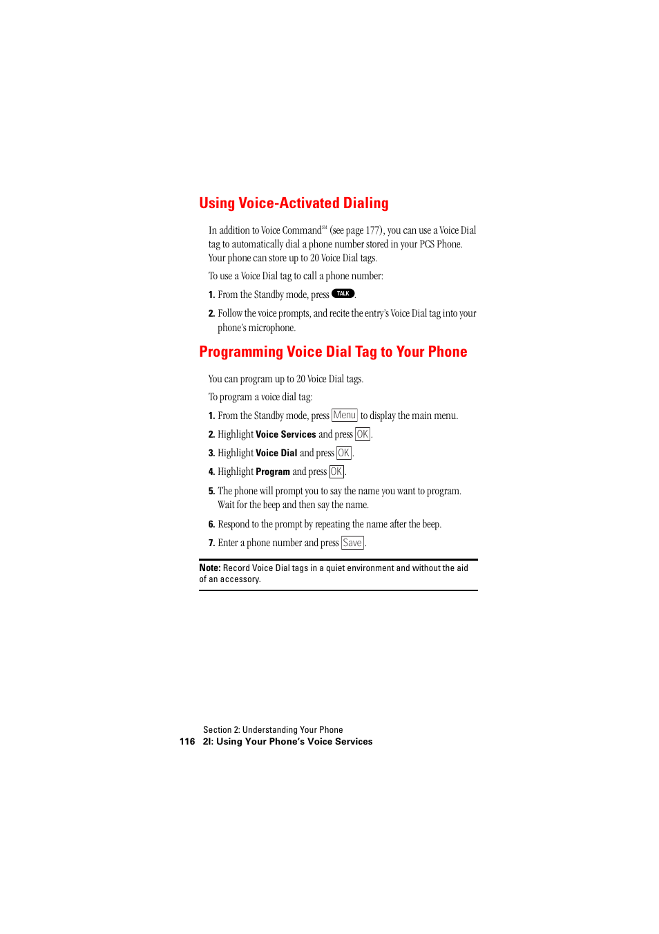 Using voice-activated dialing, Programming voice dial tag to your phone | Hitachi SINGLE-BAND PCS PHONE SH-P300 User Manual | Page 125 / 455